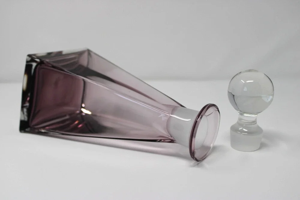Vintage Purple Glass Decanter w/ Clear Stopper – 13” Tall, Geometric Design